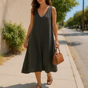 Rosemarine 100% Linen V-Neck Midi Dress Dark Gray Made in Italy Size L Boho